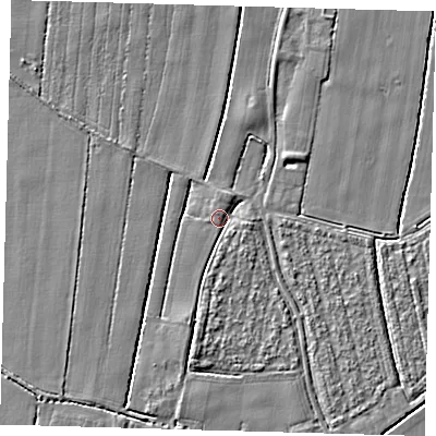 Shaded relief map of the ground around PE201RP, computed from Environment Agency LiDAR. The ground here sits at about 3 m above sea level and falls 3 m across the surrounding 800 m. Surface water reaching this point runs off ground lying to the south, 2.2 m higher.