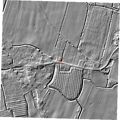 Shaded relief map of the ground around PE201RQ, computed from Environment Agency LiDAR. The ground here sits at about 4 m above sea level and falls 4 m across the surrounding 800 m. Surface water reaching this point runs off ground lying to the south, 2.2 m higher.