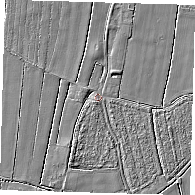 Shaded relief map of the ground around PE201RS, computed from Environment Agency LiDAR. The ground here sits at about 3 m above sea level and falls 3 m across the surrounding 800 m. Surface water reaching this point runs off ground lying to the south-south-west, 2.5 m higher.