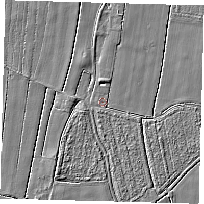 Shaded relief map of the ground around PE201RT, computed from Environment Agency LiDAR. The ground here sits at about 3 m above sea level and falls 3 m across the surrounding 800 m. Surface water reaching this point runs off ground lying to the south-west, 2.5 m higher.