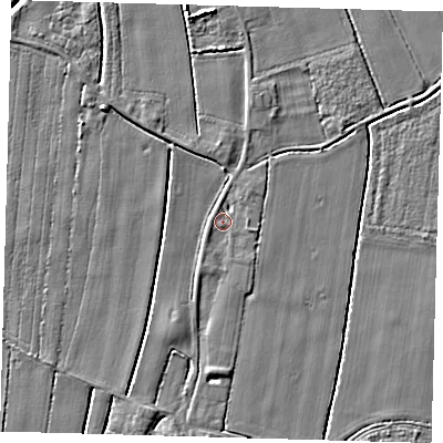 Shaded relief map of the ground around PE201RU, computed from Environment Agency LiDAR. The ground here sits at about 2 m above sea level and falls 5 m across the surrounding 800 m. Surface water reaching this point runs off ground lying to the east-south-east, 1.8 m higher.