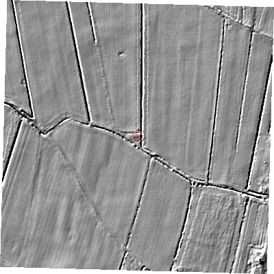 Shaded relief map of the ground around PE201RW, computed from Environment Agency LiDAR. The ground here sits at about 3 m above sea level and falls 4 m across the surrounding 800 m. Surface water reaching this point runs off ground lying to the south-south-west, 2.3 m higher.