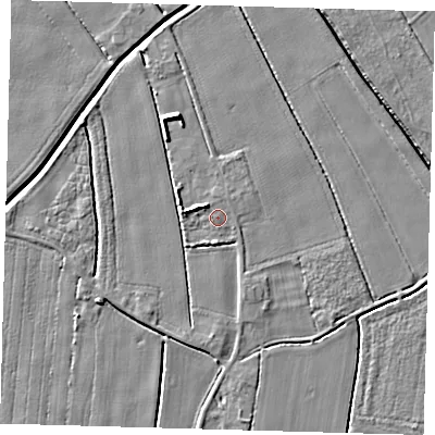 Shaded relief map of the ground around PE201RZ, computed from Environment Agency LiDAR. The ground here sits at about 3 m above sea level and falls 6 m across the surrounding 800 m. The ground contributing surface water to this point lies to the north-north-east.