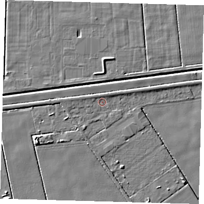 Shaded relief map of the ground around PE201SB, computed from Environment Agency LiDAR. The ground here sits at about 2 m above sea level and falls 7 m across the surrounding 800 m. Surface water reaching this point runs off ground lying to the west-north-west, 1.0 m higher.