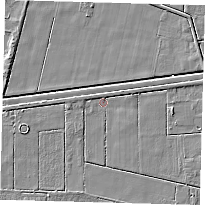 Shaded relief map of the ground around PE201SG, computed from Environment Agency LiDAR. The ground here sits at about 2 m above sea level and falls 4 m across the surrounding 800 m. Surface water reaching this point runs off ground lying to the east-north-east, 2.4 m higher.