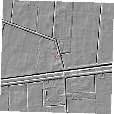 Shaded relief map of the ground around PE201SH, computed from Environment Agency LiDAR. The ground here sits at about 2 m above sea level and falls 4 m across the surrounding 800 m. Surface water reaching this point runs off ground lying to the north, 1.9 m higher.