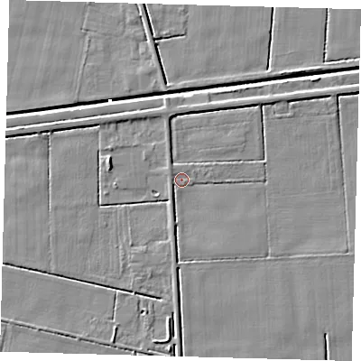 Shaded relief map of the ground around PE201SJ, computed from Environment Agency LiDAR. The ground here sits at about 2 m above sea level and falls 4 m across the surrounding 800 m. Surface water reaching this point runs off ground lying to the north-west, 1.0 m higher.
