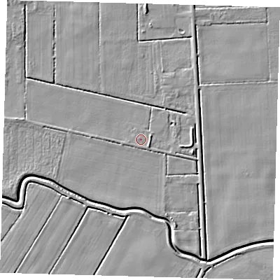 Shaded relief map of the ground around PE201SL, computed from Environment Agency LiDAR. The ground here sits at about 2 m above sea level and falls 4 m across the surrounding 800 m. Surface water reaching this point runs off ground lying to the south-south-east, 3.1 m higher.