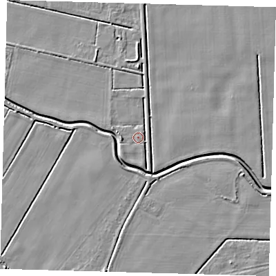 Shaded relief map of the ground around PE201SN, computed from Environment Agency LiDAR. The ground here sits at about 2 m above sea level and falls 4 m across the surrounding 800 m. Surface water reaching this point runs off ground lying to the south-west, 3.1 m higher.