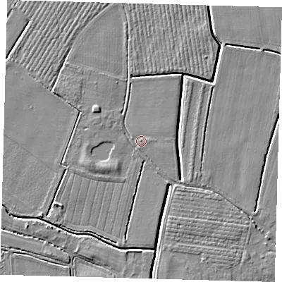 Shaded relief map of the ground around PE201SP, computed from Environment Agency LiDAR. The ground here sits at about 3 m above sea level and falls 4 m across the surrounding 800 m. Surface water reaching this point runs off ground lying to the west-south-west, 1.8 m higher.