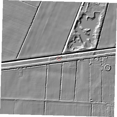Shaded relief map of the ground around PE201SQ, computed from Environment Agency LiDAR. The ground here sits at about 2 m above sea level and falls 4 m across the surrounding 800 m. Surface water reaching this point runs off ground lying to the north-north-east, 4.2 m higher.