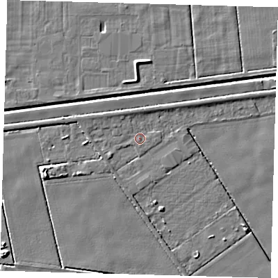 Shaded relief map of the ground around PE201SR, computed from Environment Agency LiDAR. The ground here sits at about 2 m above sea level and falls 7 m across the surrounding 800 m. Surface water reaching this point runs off ground lying to the north-west, 1.4 m higher.