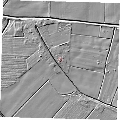 Shaded relief map of the ground around PE201SY, computed from Environment Agency LiDAR. The ground here sits at about 4 m above sea level and falls 6 m across the surrounding 800 m. Surface water reaching this point runs off ground lying to the north-west, 3.4 m higher.