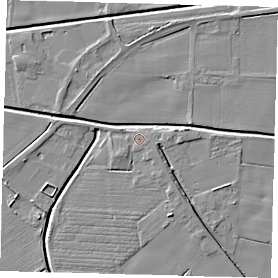 Shaded relief map of the ground around PE201TE, computed from Environment Agency LiDAR. The ground here sits at about 3 m above sea level and falls 6 m across the surrounding 800 m. Surface water reaching this point runs off ground lying to the south-east, 1.2 m higher.