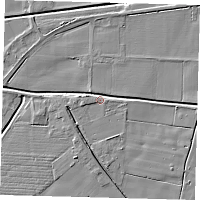 Shaded relief map of the ground around PE201TH, computed from Environment Agency LiDAR. The ground here sits at about 3 m above sea level and falls 6 m across the surrounding 800 m. Surface water reaching this point runs off ground lying to the west, 3.6 m higher.