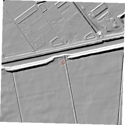 Shaded relief map of the ground around PE201TP, computed from Environment Agency LiDAR. The ground here sits at about 2 m above sea level and falls 8 m across the surrounding 800 m. Surface water reaching this point runs off ground lying to the north-north-west, 1.8 m higher.