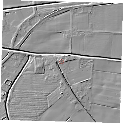 Shaded relief map of the ground around PE201TQ, computed from Environment Agency LiDAR. The ground here sits at about 4 m above sea level and falls 6 m across the surrounding 800 m. Surface water reaching this point runs off ground lying to the west, 3.5 m higher.