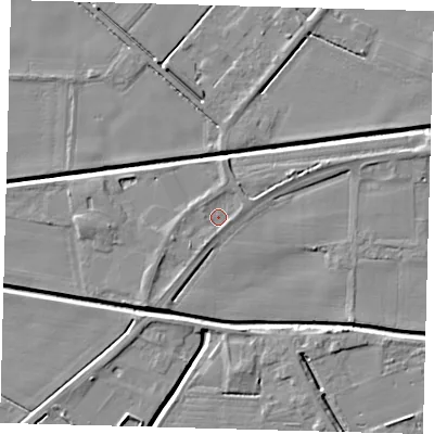 Shaded relief map of the ground around PE201TT, computed from Environment Agency LiDAR. The ground here sits at about 3 m above sea level and falls 5 m across the surrounding 800 m. Surface water reaching this point runs off ground lying to the west-south-west, 1.8 m higher.