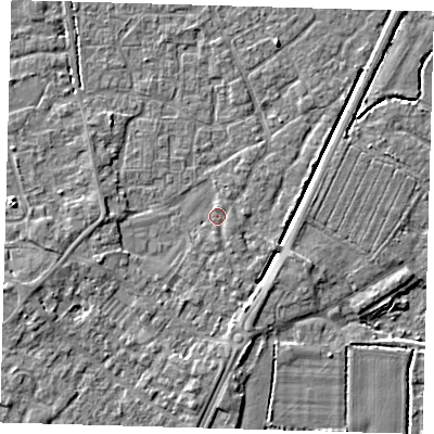 Shaded relief map of the ground around PE201XA, computed from Environment Agency LiDAR. The ground here sits at about 3 m above sea level and falls 4 m across the surrounding 800 m. Surface water reaching this point runs off ground lying to the south, 0.9 m higher.