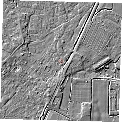 Shaded relief map of the ground around PE201XB, computed from Environment Agency LiDAR. The ground here sits at about 4 m above sea level and falls 4 m across the surrounding 800 m. Surface water reaching this point runs off ground lying to the east-north-east, 3.4 m higher.