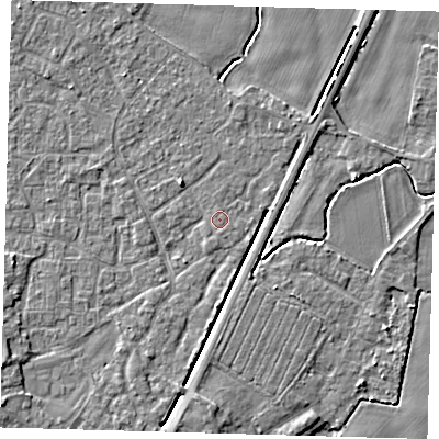 Shaded relief map of the ground around PE201XD, computed from Environment Agency LiDAR. The ground here sits at about 3 m above sea level and falls 4 m across the surrounding 800 m. Surface water reaching this point runs off ground lying to the south-south-west, 0.5 m higher.