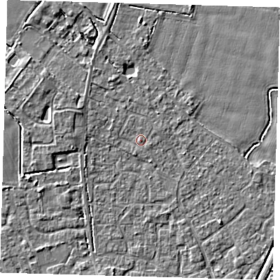 Shaded relief map of the ground around PE201XE, computed from Environment Agency LiDAR. The ground here sits at about 3 m above sea level and falls 4 m across the surrounding 800 m. Surface water reaching this point runs off ground lying to the south-south-east, 0.7 m higher.