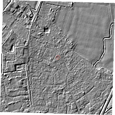 Shaded relief map of the ground around PE201XF, computed from Environment Agency LiDAR. The ground here sits at about 3 m above sea level and falls 4 m across the surrounding 800 m. The ground contributing surface water to this point lies to the north-east.