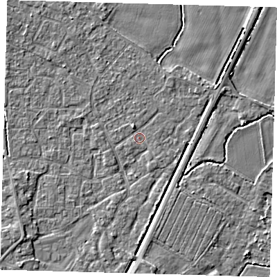 Shaded relief map of the ground around PE201XJ, computed from Environment Agency LiDAR. The ground here sits at about 3 m above sea level and falls 4 m across the surrounding 800 m. Surface water reaching this point runs off ground lying to the north-north-west, 3.2 m higher.