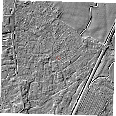 Shaded relief map of the ground around PE201XL, computed from Environment Agency LiDAR. The ground here sits at about 3 m above sea level and falls 4 m across the surrounding 800 m. Surface water reaching this point runs off ground lying to the east-south-east, 2.1 m higher.