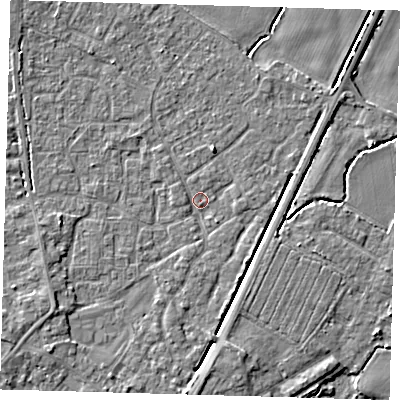 Shaded relief map of the ground around PE201XN, computed from Environment Agency LiDAR. The ground here sits at about 3 m above sea level and falls 4 m across the surrounding 800 m. Surface water reaching this point runs off ground lying to the west, 0.9 m higher.