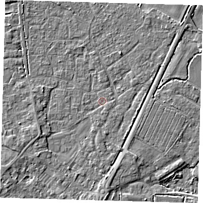 Shaded relief map of the ground around PE201XP, computed from Environment Agency LiDAR. The ground here sits at about 3 m above sea level and falls 4 m across the surrounding 800 m. Surface water reaching this point runs off ground lying to the south, 1.3 m higher.