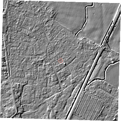 Shaded relief map of the ground around PE201XQ, computed from Environment Agency LiDAR. The ground here sits at about 3 m above sea level and falls 4 m across the surrounding 800 m. Surface water reaching this point runs off ground lying to the south-east, 1.7 m higher.