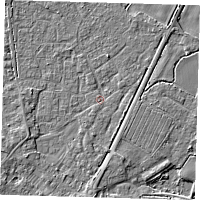 Shaded relief map of the ground around PE201XS, computed from Environment Agency LiDAR. The ground here sits at about 3 m above sea level and falls 4 m across the surrounding 800 m. Surface water reaching this point runs off ground lying to the south, 1.6 m higher.