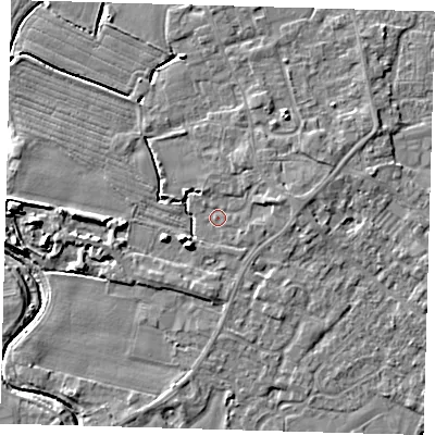 Shaded relief map of the ground around PE201XT, computed from Environment Agency LiDAR. The ground here sits at about 3 m above sea level and falls 7 m across the surrounding 800 m. Surface water reaching this point runs off ground lying to the east-north-east, 2.1 m higher.