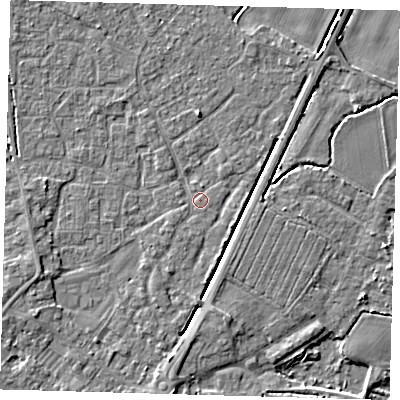 Shaded relief map of the ground around PE201XW, computed from Environment Agency LiDAR. The ground here sits at about 3 m above sea level and falls 4 m across the surrounding 800 m. Surface water reaching this point runs off ground lying to the south, 1.5 m higher.