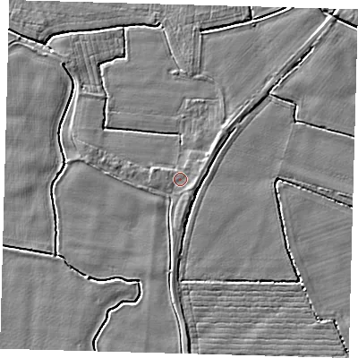 Shaded relief map of the ground around PE202AA, computed from Environment Agency LiDAR. The ground here sits at about 3 m above sea level and falls 3 m across the surrounding 800 m. Surface water reaching this point runs off ground lying to the east-south-east, 0.9 m higher.