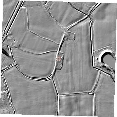 Shaded relief map of the ground around PE202AF, computed from Environment Agency LiDAR. The ground here sits at about 4 m above sea level and falls 8 m across the surrounding 800 m. Surface water reaching this point runs off ground lying to the west, 1.0 m higher.