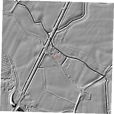 Shaded relief map of the ground around PE202AG, computed from Environment Agency LiDAR. The ground here sits at about 3 m above sea level and falls 8 m across the surrounding 800 m. Surface water reaching this point runs off ground lying to the west-north-west, 1.5 m higher.