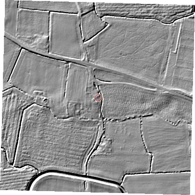 Shaded relief map of the ground around PE202AP, computed from Environment Agency LiDAR. The ground here sits at about 3 m above sea level and falls 4 m across the surrounding 800 m. Surface water reaching this point runs off ground lying to the east, 1.5 m higher.