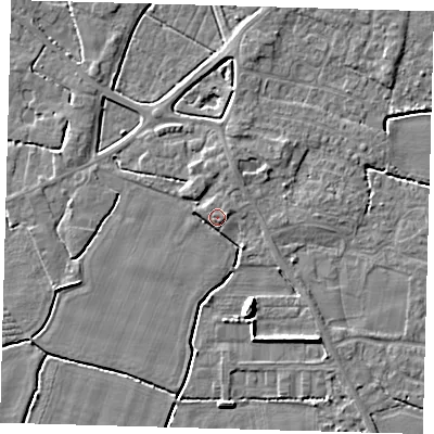 Shaded relief map of the ground around PE202AS, computed from Environment Agency LiDAR. The ground here sits at about 4 m above sea level and falls 6 m across the surrounding 800 m. Surface water reaching this point runs off ground lying to the south-south-east, 2.5 m higher.