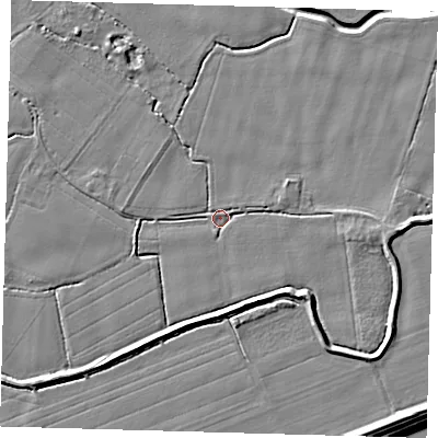 Shaded relief map of the ground around PE202AU, computed from Environment Agency LiDAR. The ground here sits at about 2 m above sea level and falls 8 m across the surrounding 800 m. Surface water reaching this point runs off ground lying to the south-west, 4.4 m higher.