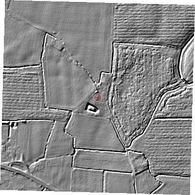 Shaded relief map of the ground around PE202AW, computed from Environment Agency LiDAR. The ground here sits at about 3 m above sea level and falls 4 m across the surrounding 800 m. Surface water reaching this point runs off ground lying to the north, 1.0 m higher.