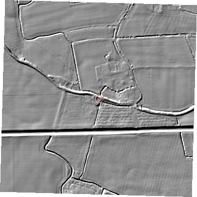 Shaded relief map of the ground around PE202AZ, computed from Environment Agency LiDAR. The ground here sits at about 4 m above sea level and falls 5 m across the surrounding 800 m. Surface water reaching this point runs off ground lying to the east, 2.7 m higher.