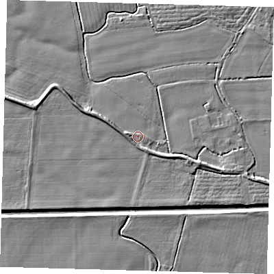 Shaded relief map of the ground around PE202BA, computed from Environment Agency LiDAR. The ground here sits at about 3 m above sea level and falls 5 m across the surrounding 800 m. Surface water reaching this point runs off ground lying to the west, 1.8 m higher.