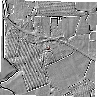 Shaded relief map of the ground around PE202BD, computed from Environment Agency LiDAR. The ground here sits at about 4 m above sea level and falls 6 m across the surrounding 800 m. Surface water reaching this point runs off ground lying to the west-south-west, 1.3 m higher.