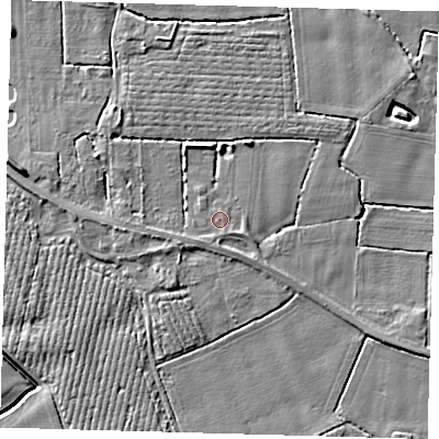 Shaded relief map of the ground around PE202BE, computed from Environment Agency LiDAR. The ground here sits at about 3 m above sea level and falls 6 m across the surrounding 800 m. Surface water reaching this point runs off ground lying to the south-east, 1.0 m higher.