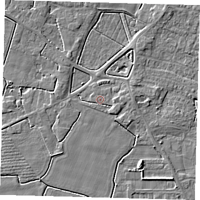 Shaded relief map of the ground around PE202BF, computed from Environment Agency LiDAR. The ground here sits at about 3 m above sea level and falls 6 m across the surrounding 800 m. The ground contributing surface water to this point lies to the east-north-east.