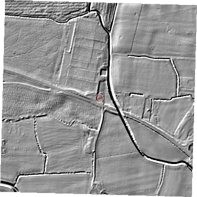 Shaded relief map of the ground around PE202BG, computed from Environment Agency LiDAR. The ground here sits at about 3 m above sea level and falls 4 m across the surrounding 800 m. Surface water reaching this point runs off ground lying to the west, 1.4 m higher.