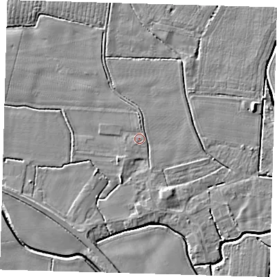 Shaded relief map of the ground around PE202BL, computed from Environment Agency LiDAR. The ground here sits at about 3 m above sea level and falls 5 m across the surrounding 800 m. Surface water reaching this point runs off ground lying to the south-south-west, 1.3 m higher.
