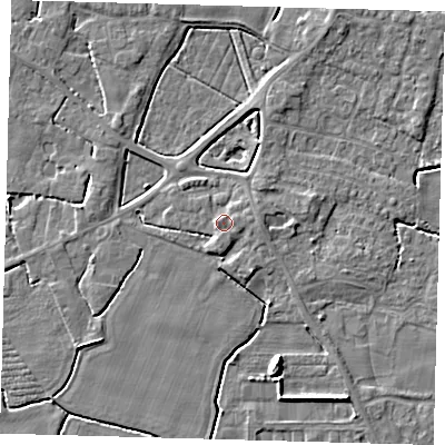Shaded relief map of the ground around PE202BP, computed from Environment Agency LiDAR. The ground here sits at about 4 m above sea level and falls 6 m across the surrounding 800 m. Surface water reaching this point runs off ground lying to the east, 1.1 m higher.